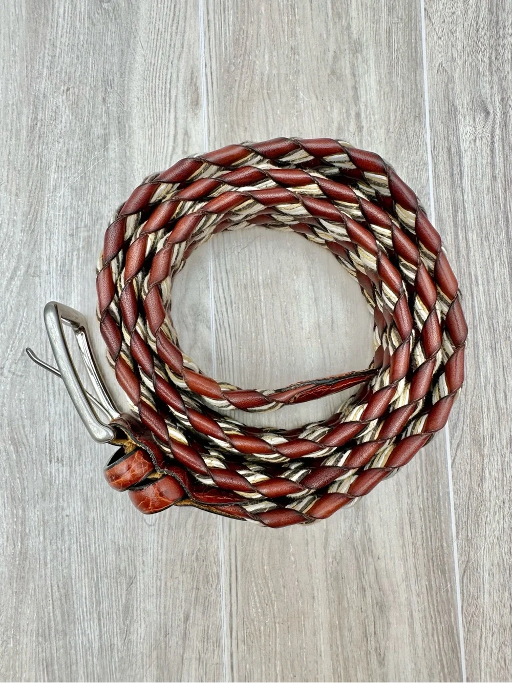VTG Novia Brown Italian Leather Braided Belt Mixed w/ Natural Fiber Weave Sz 36